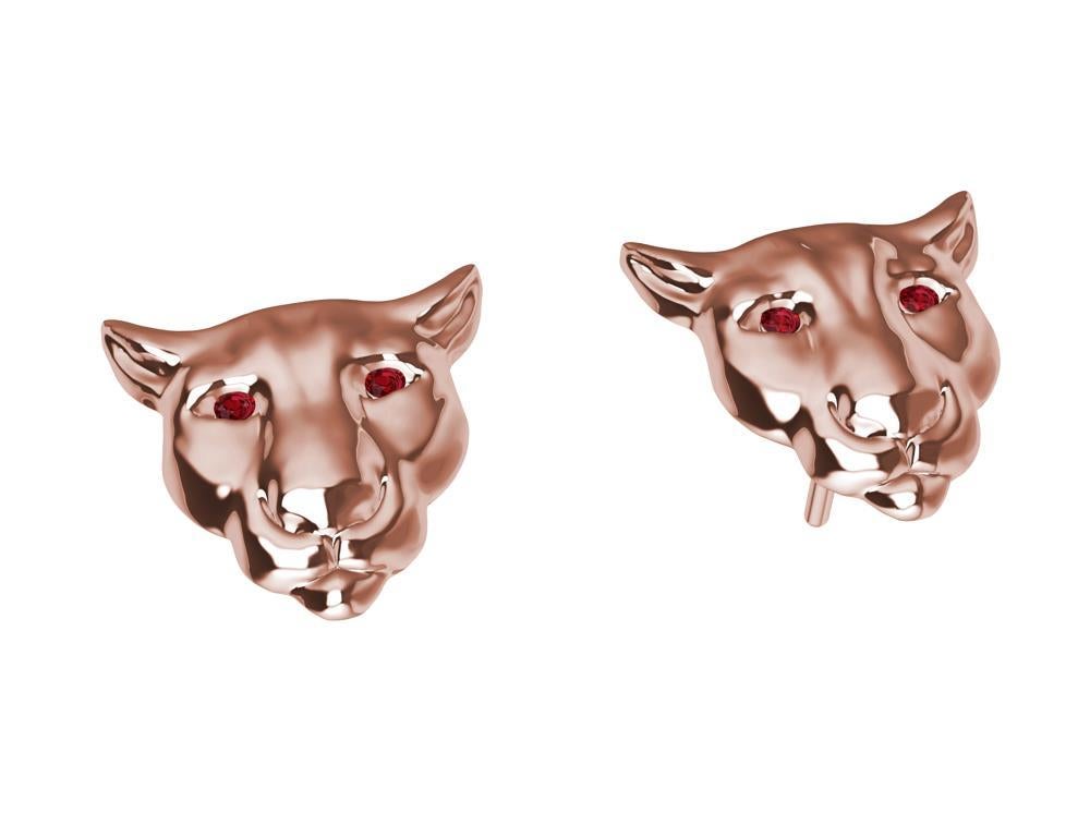 Taille ronde Clous d'oreilles Colorado Cougar en or rose 18 carats avec yeux en rubis en vente