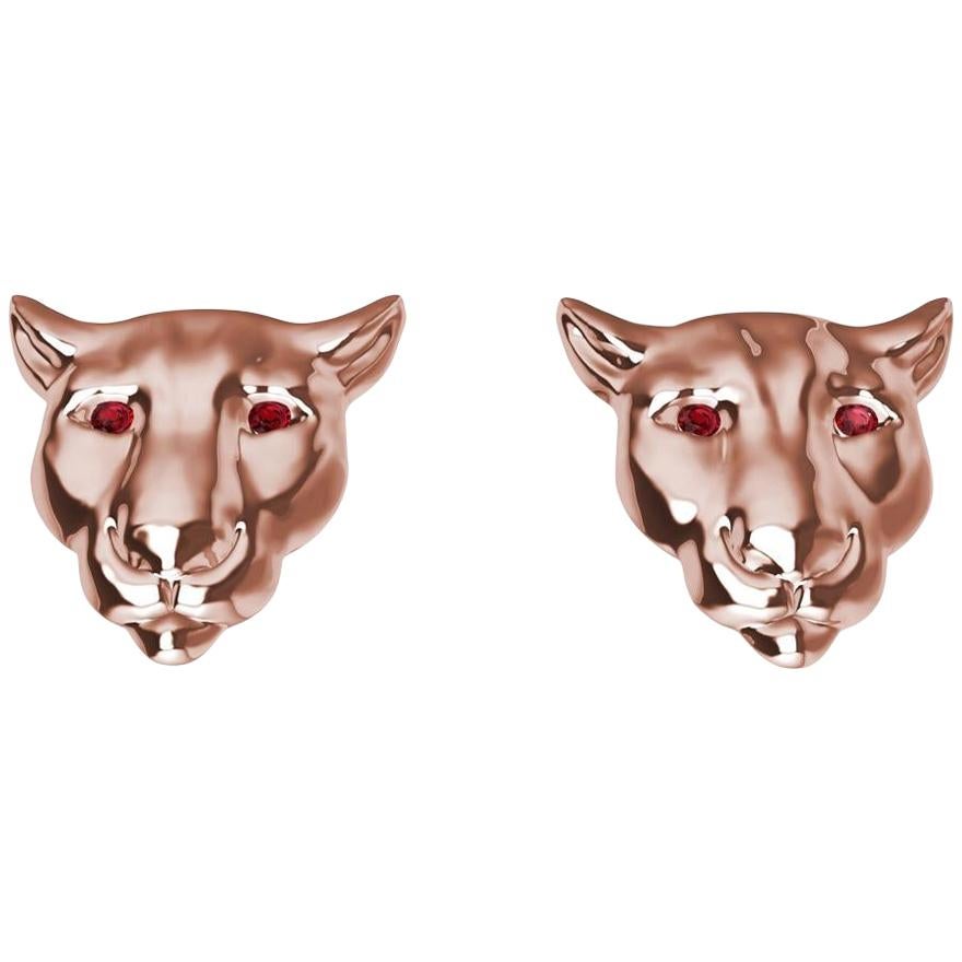 18 Karat Pink Gold Ruby Eyes Colorado Cougar Stud Earrings