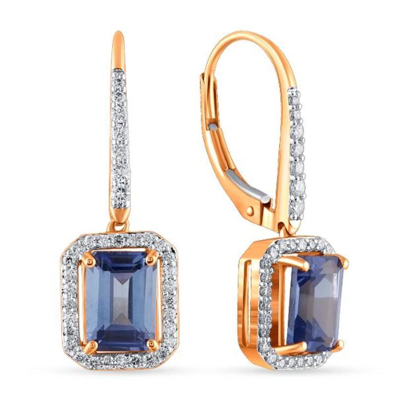 Baguette Cut 18 Karat Pink Gold with Tanzanite and Diamonds Earrings For Sale