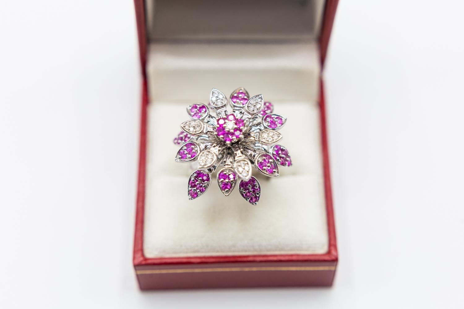 Women's or Men's 18 Karat Pink Sapphire and Diamond Mobile Flower Ring/Spinner Effy Flower Ring For Sale