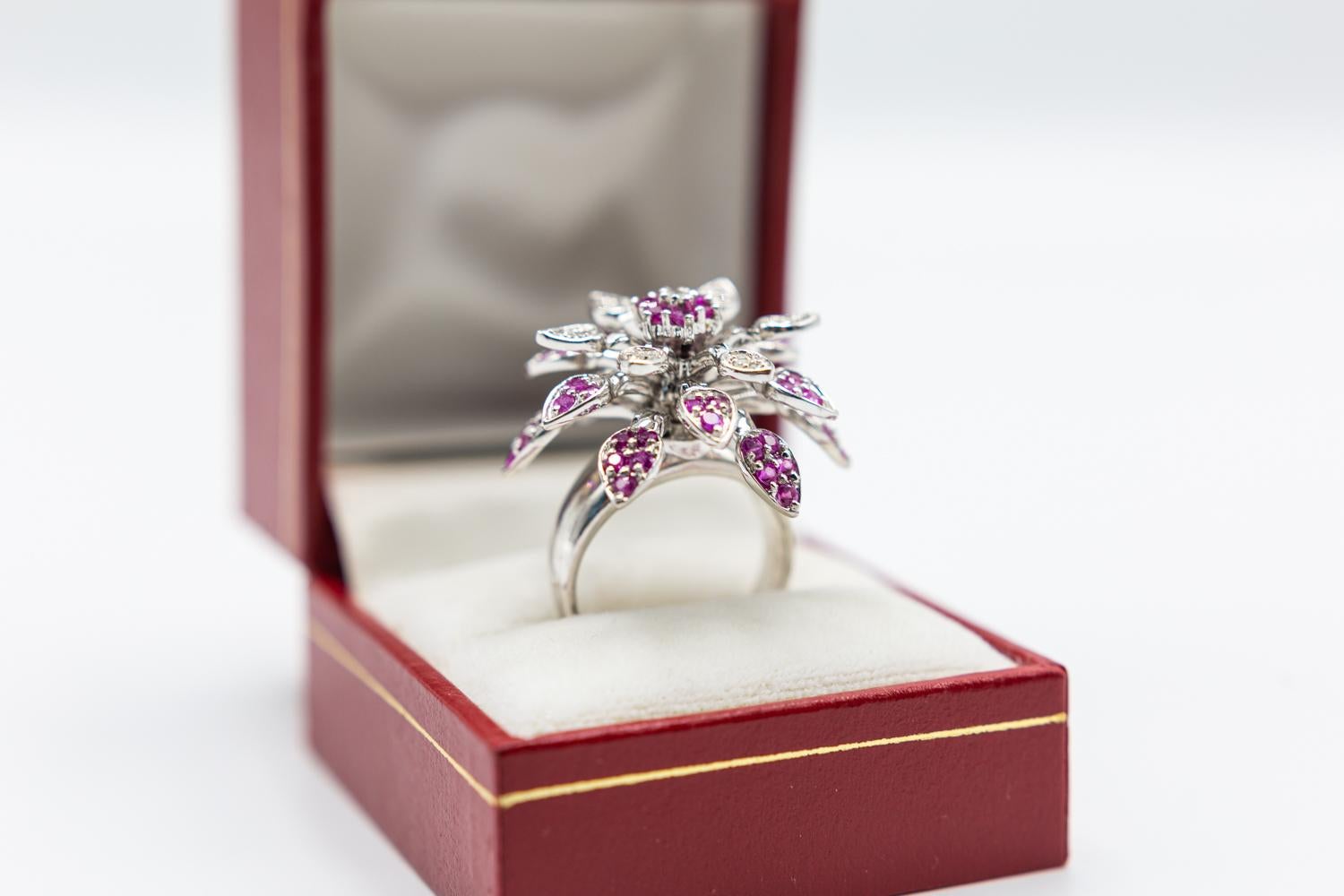 18 Karat Pink Sapphire and Diamond Mobile Flower Ring/Spinner Effy Flower Ring For Sale 3