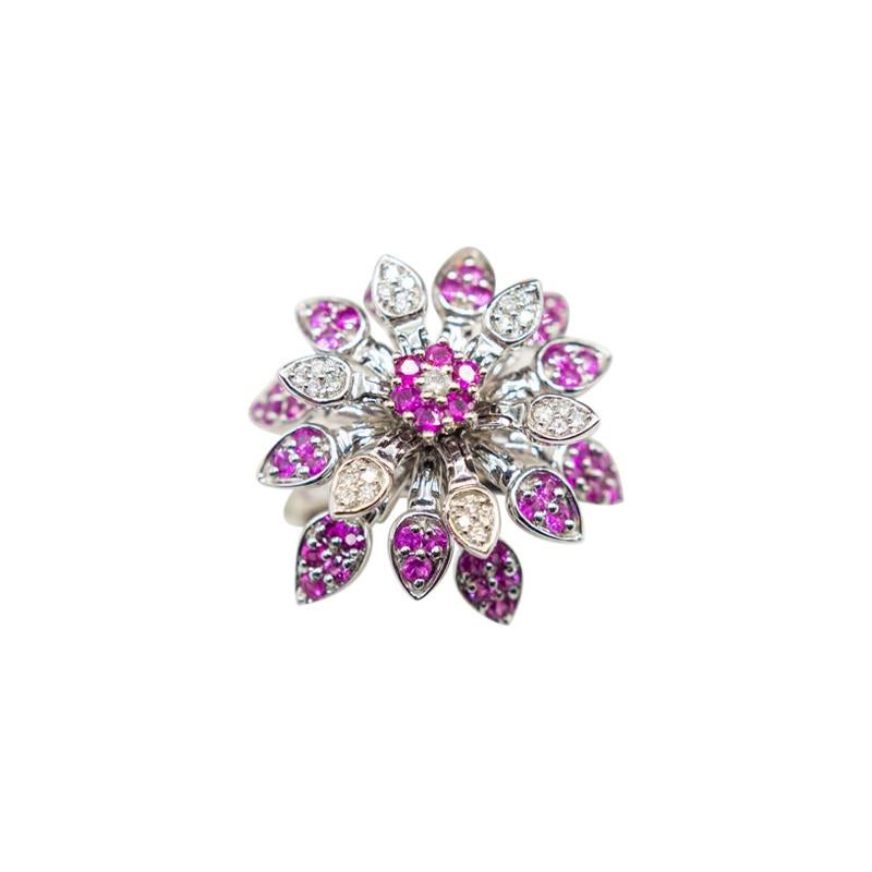 18 Karat Pink Sapphire and Diamond Mobile Flower Ring/Spinner Effy Flower Ring For Sale