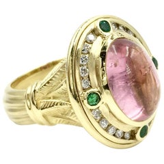 18 Karat Pink Tourmaline, Emerald and Diamond SeidenGang Cocktail Ring