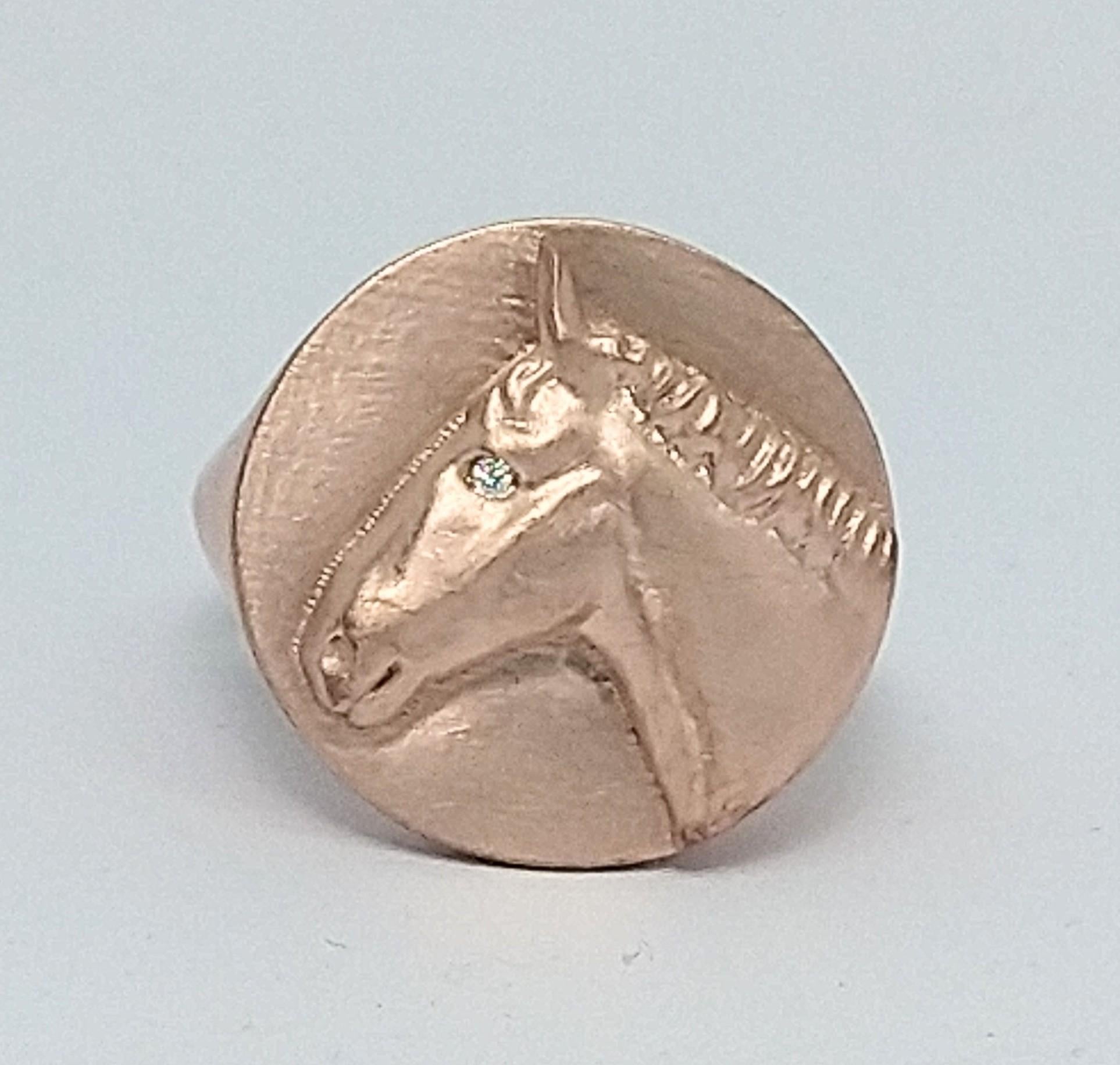 For Sale:  18 Karat Pink Vermeil Diamond Horse Signet Ring 5