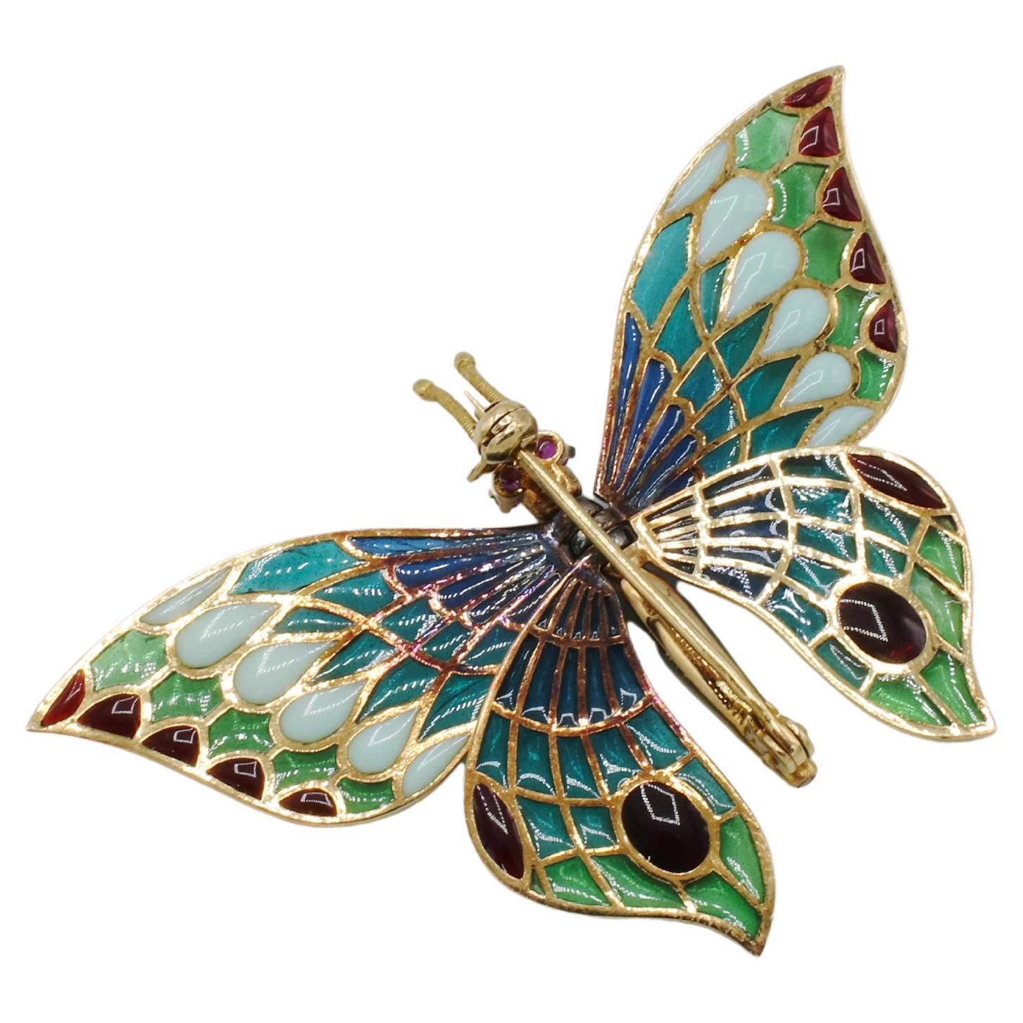 Broche de mariposa móvil articulado con esmalte de rubí de 18 quilates Plique-a-Jour Retro en venta