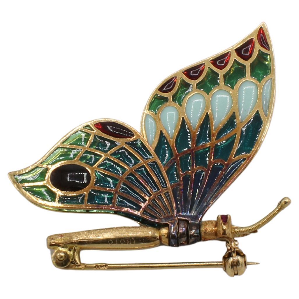 Broche de mariposa móvil articulado con esmalte de rubí de 18 quilates Plique-a-Jour Corte redondo en venta