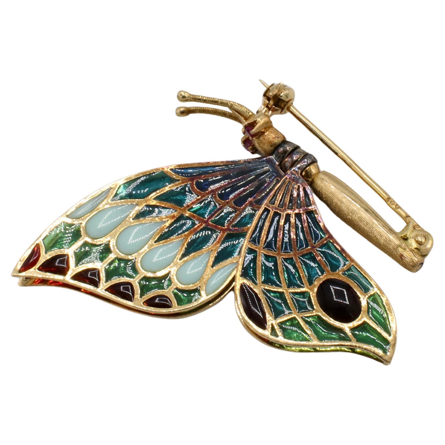 Broche de mariposa móvil articulado con esmalte de rubí de 18 quilates Plique-a-Jour en Excelente estado para la venta en  Baltimore, MD