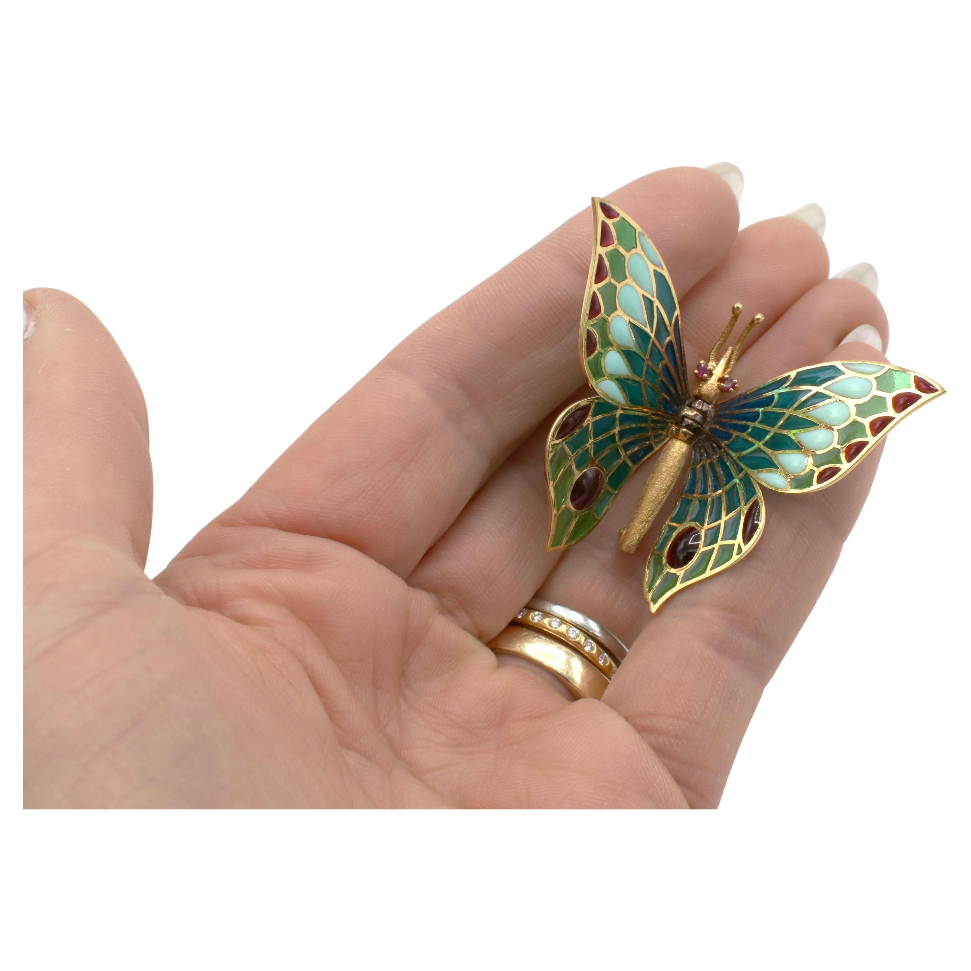 Femenino o masculino Broche de mariposa móvil articulado con esmalte de rubí de 18 quilates Plique-a-Jour en venta