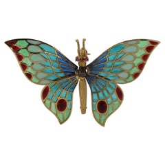 Broche de mariposa móvil articulado con esmalte de rubí de 18 quilates Plique-a-Jour