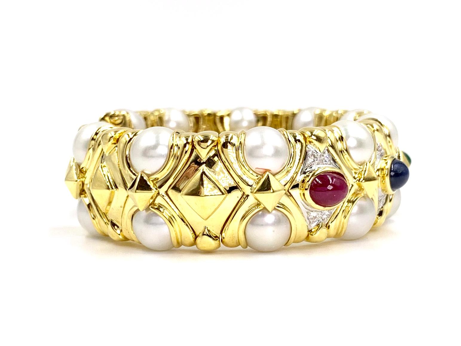 18 Karat Precious Gemstone, Diamond and Cultured Pearl Cuff Bracelet In Excellent Condition For Sale In Pikesville, MD