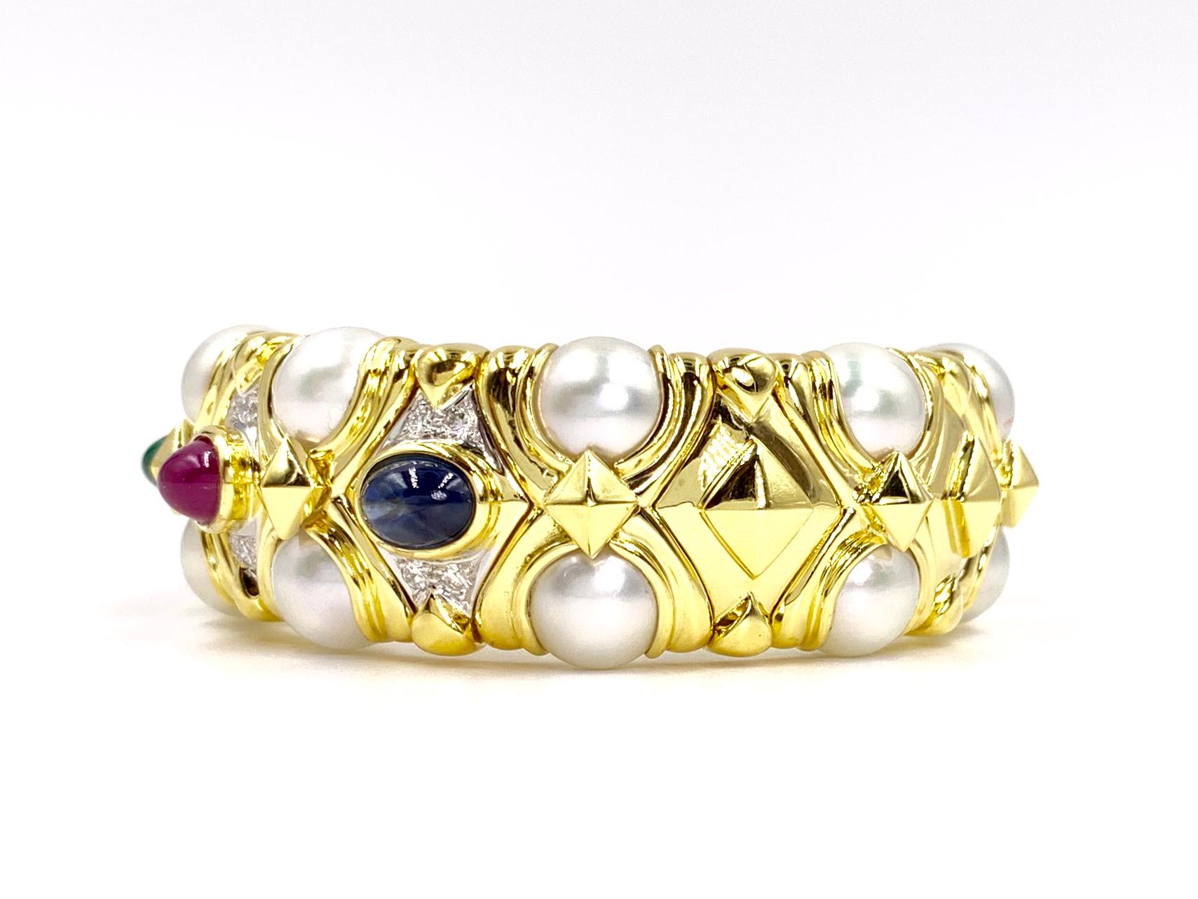 18 Karat Precious Gemstone, Diamond and Cultured Pearl Cuff Bracelet For Sale 1