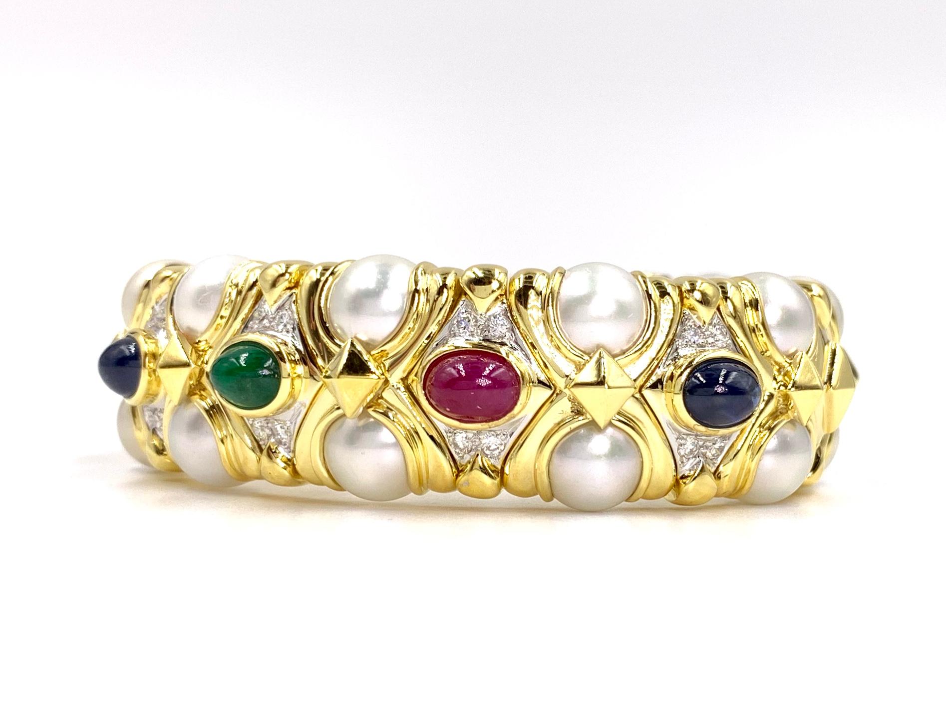 18 Karat Precious Gemstone, Diamond and Cultured Pearl Cuff Bracelet For Sale 2