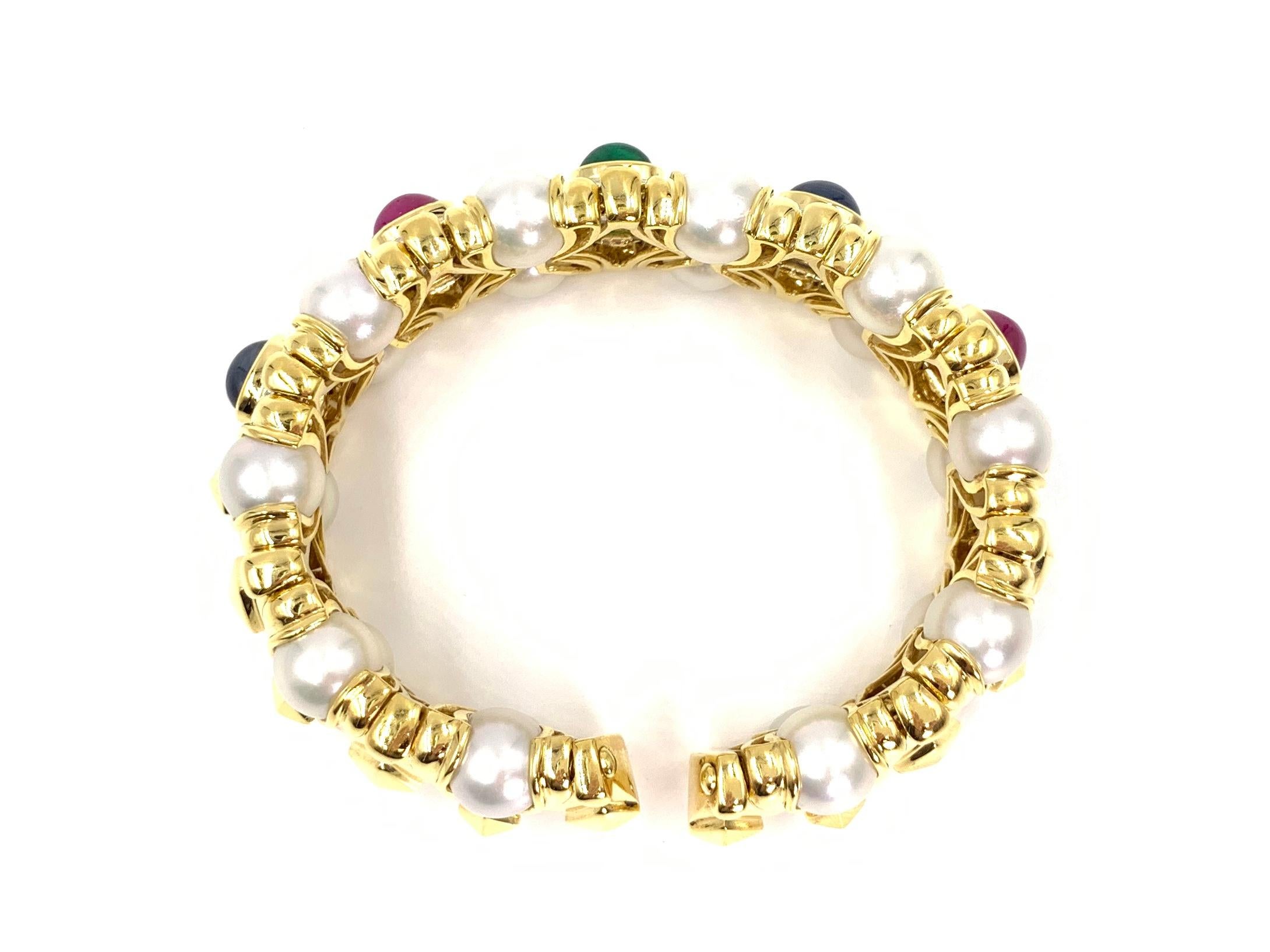 18 Karat Precious Gemstone, Diamond and Cultured Pearl Cuff Bracelet For Sale 3