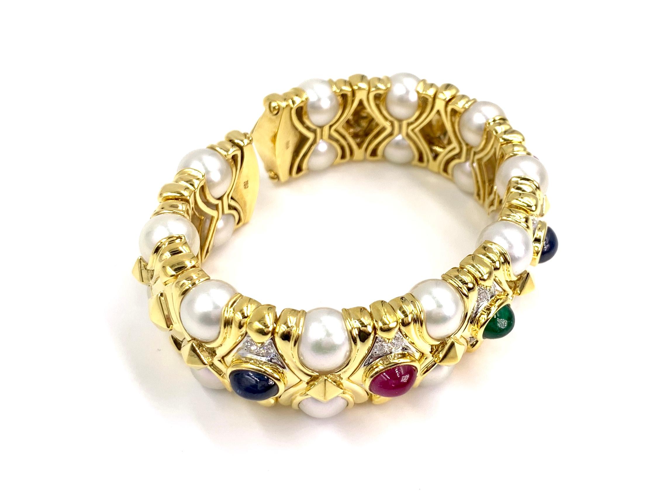 18 Karat Precious Gemstone, Diamond and Cultured Pearl Cuff Bracelet For Sale 4