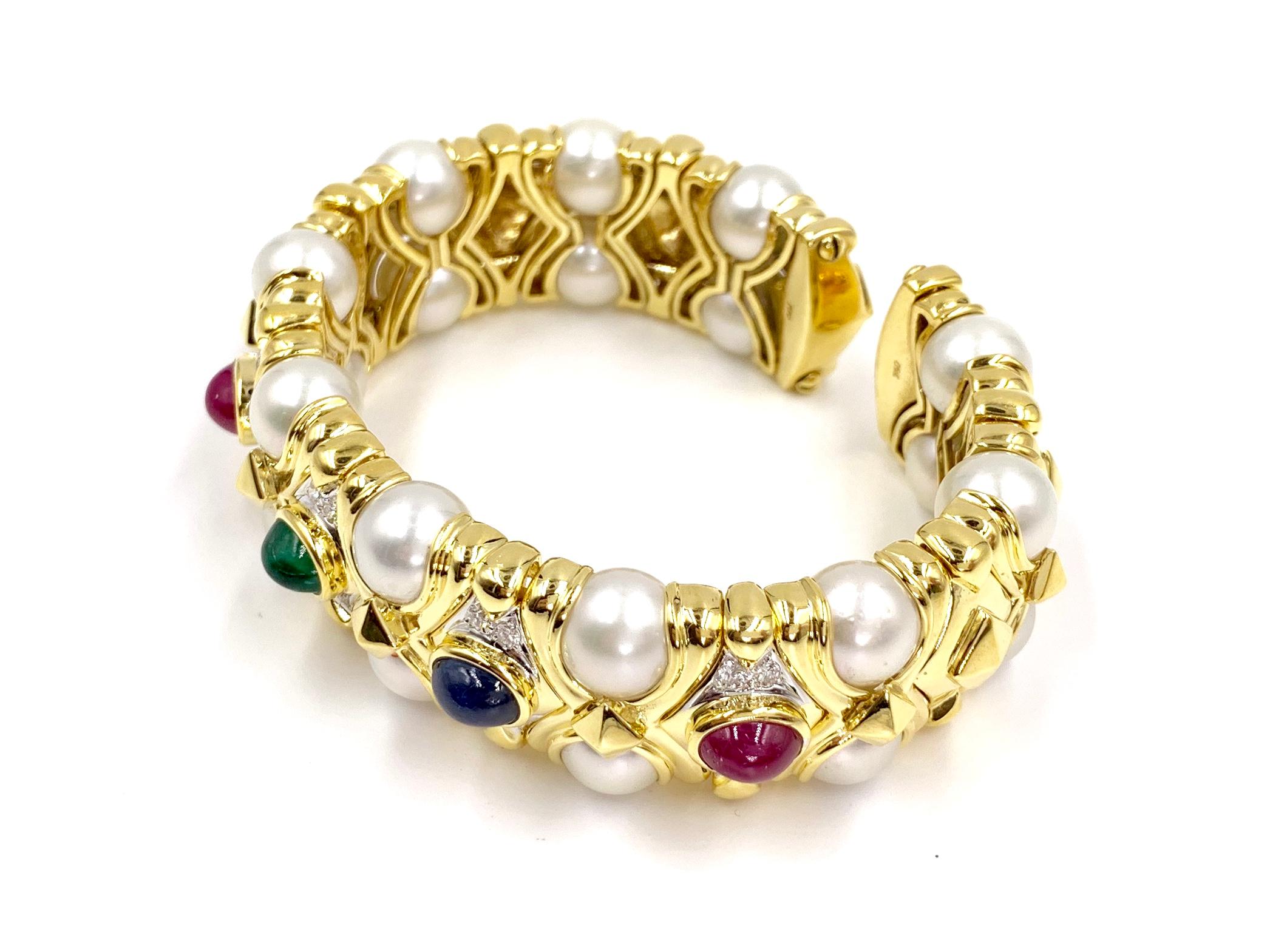 18 Karat Precious Gemstone, Diamond and Cultured Pearl Cuff Bracelet For Sale 5