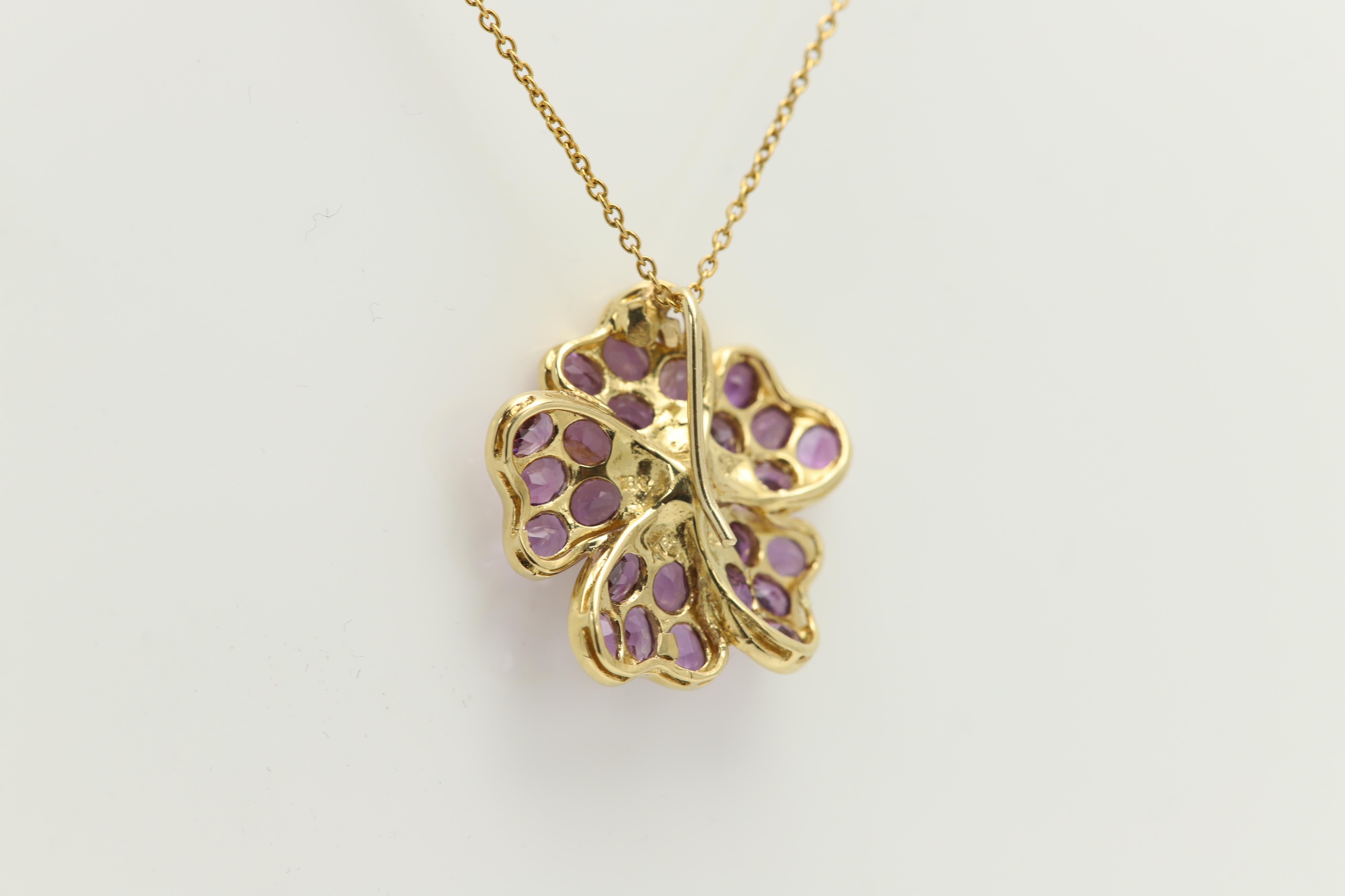Donna Ciondolo fiore viola 18 carati Ametista e zaffiro rosa Nature in vendita