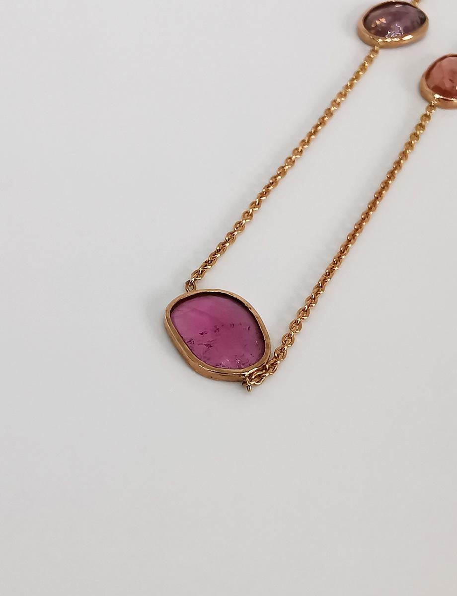 Rose Cut 18 Karat Red Gold Chain Set with Rosecut Pink Tourmaline by Marion Jeantet For Sale