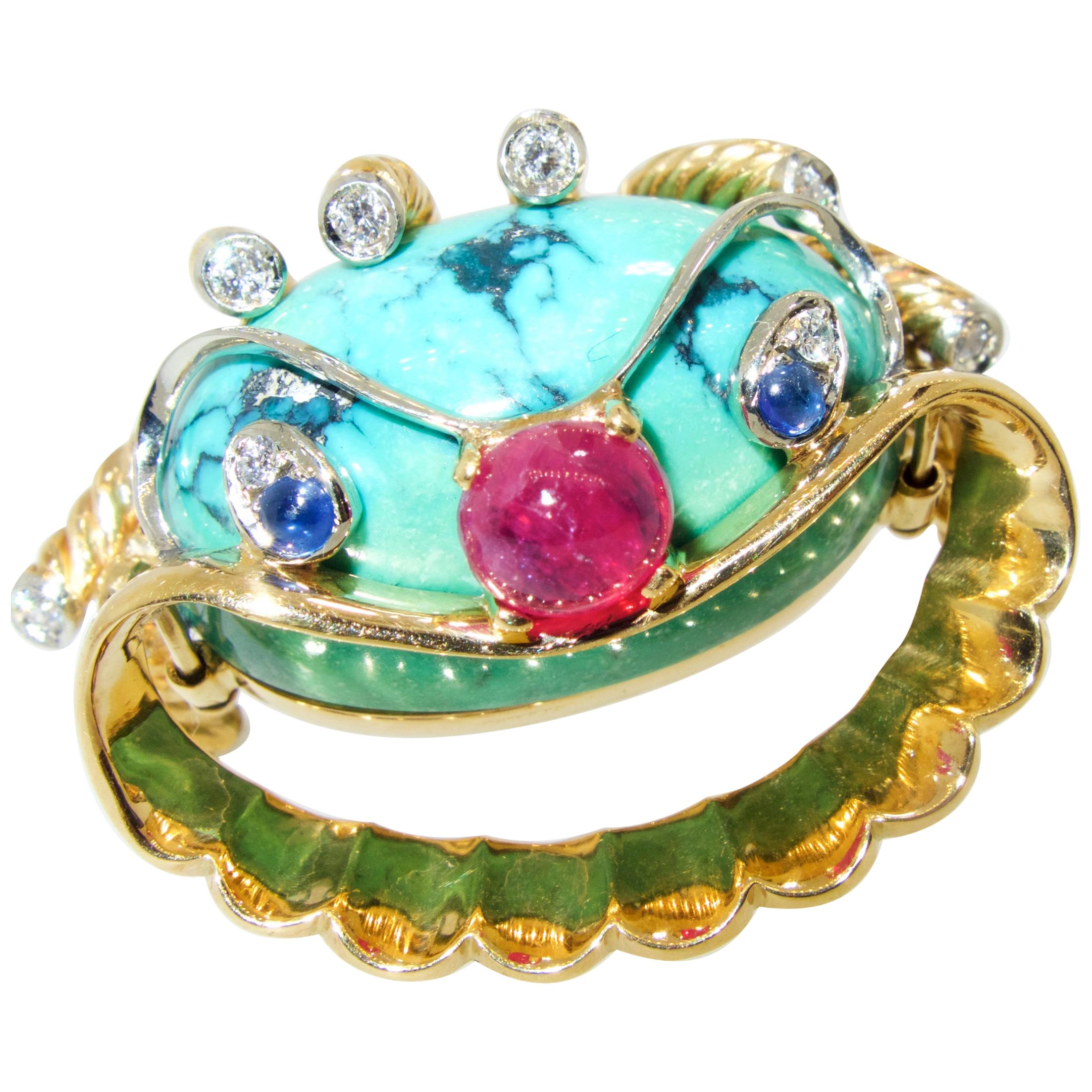 18 Karat Retro Turquoise Ruby Diamond and Sapphire Happy Clown Brooch circa 1955