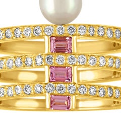 18 Karat Ring with Diamonds, Pink Sapphire Baguettes and Pearl
