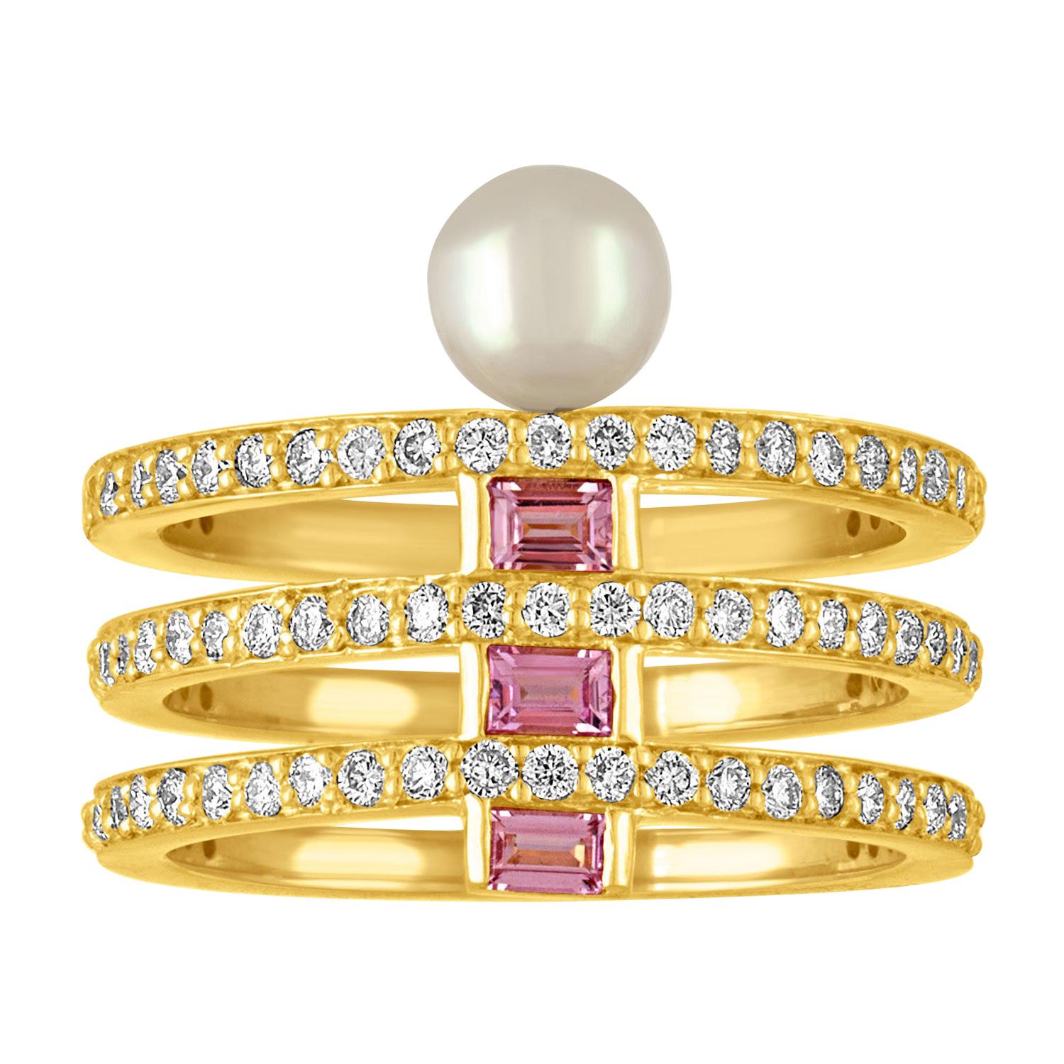 18 Karat Ring with Diamonds, Pink Sapphire Baguettes and Pearl For Sale