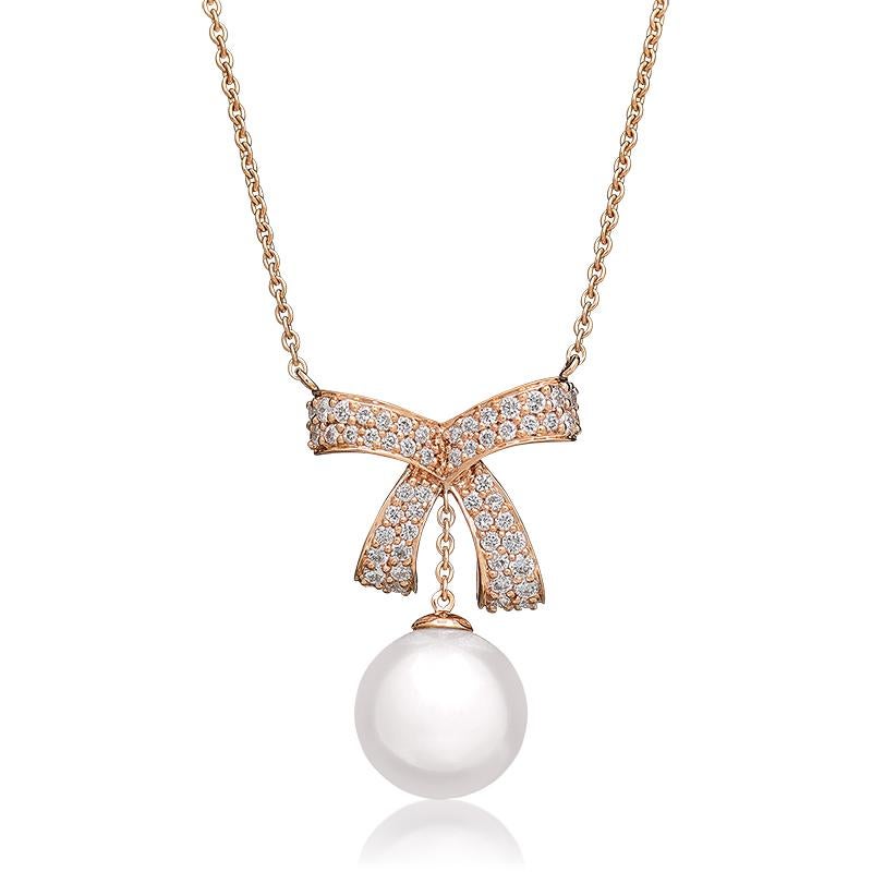 Contemporary 18 Karat Romance Pink Gold Necklace with Vs-Gh Diamonds and White Pearl For Sale