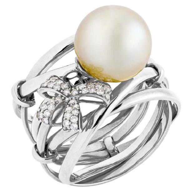 For Sale:  18 Karat Romance White Gold Ring With Vs-Gh Diamonds And White Pearl