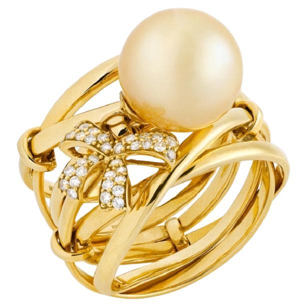 For Sale:  18 Karat Romance Yellow Gold Ring With Vs-Gh Diamonds And Golden Colour Pearl