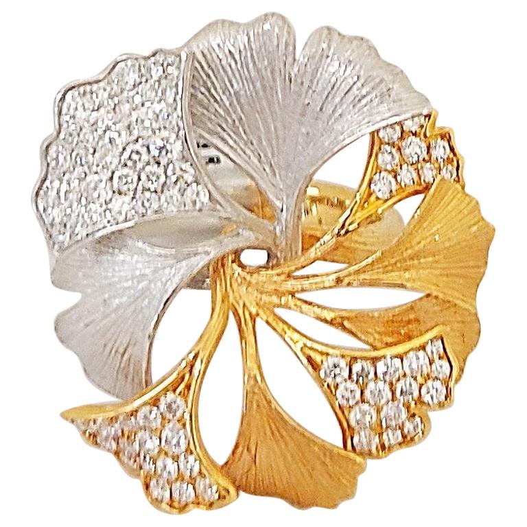 18 Karat Rose and White Gold Brushed Leaf Ring with .90 Carat Diamonds For Sale