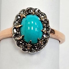 18 Karat Rose and White Gold Cabochon Turquoise Old Rose Cut Diamond Ring