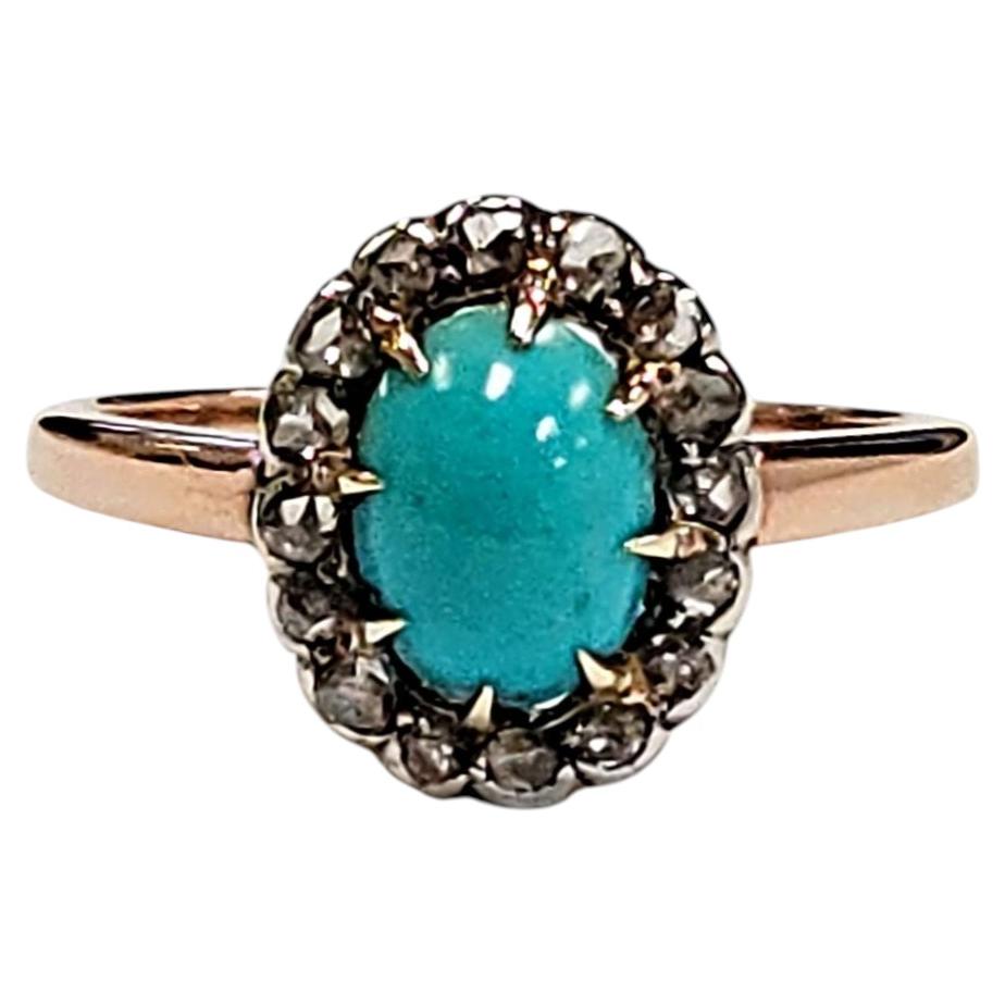 18 Karat Rose and White Gold Cabochon Turquoise Old Rose Cut Diamond Ring