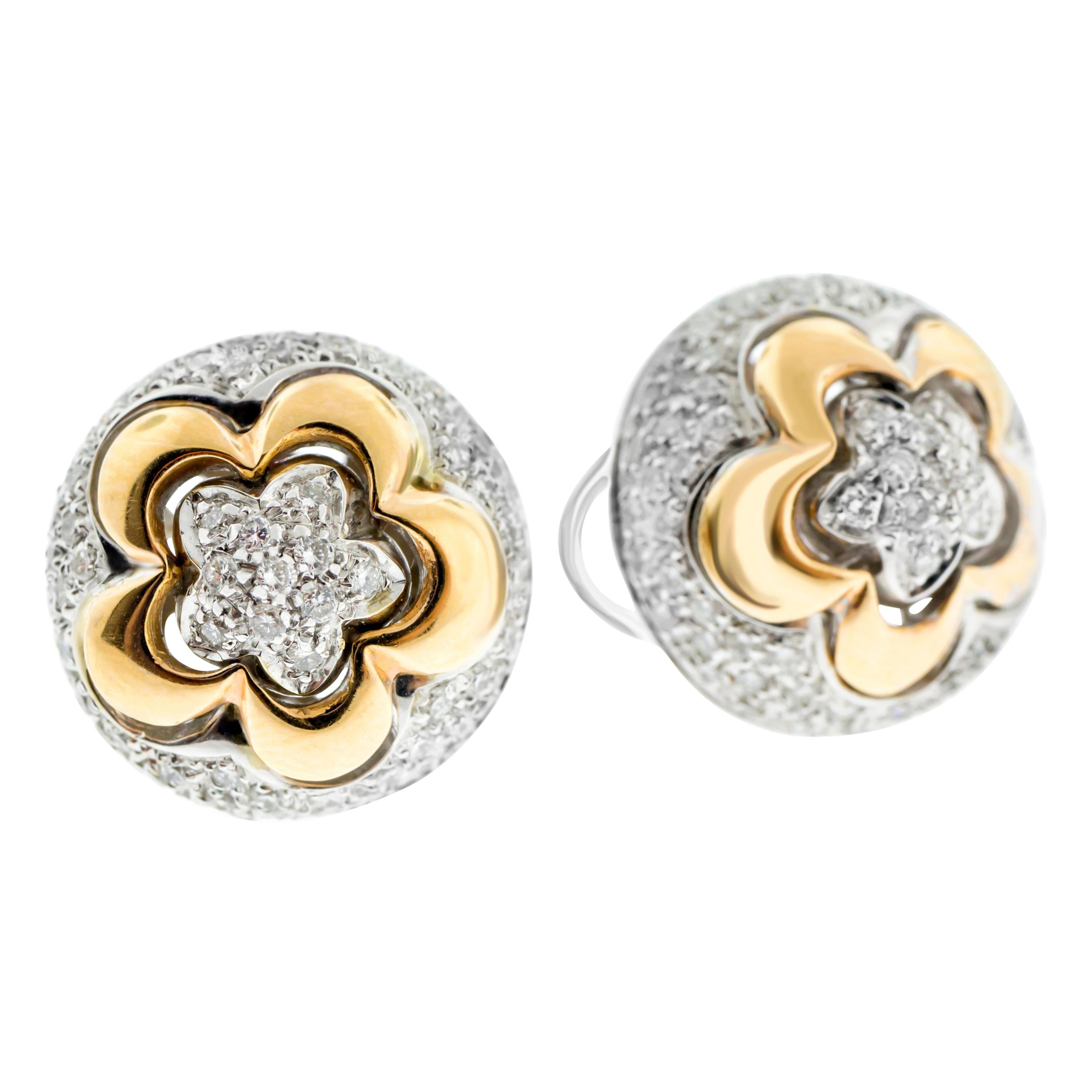 18 Karat Rose and White Gold Diamond Pave Flower Ear Clips For Sale