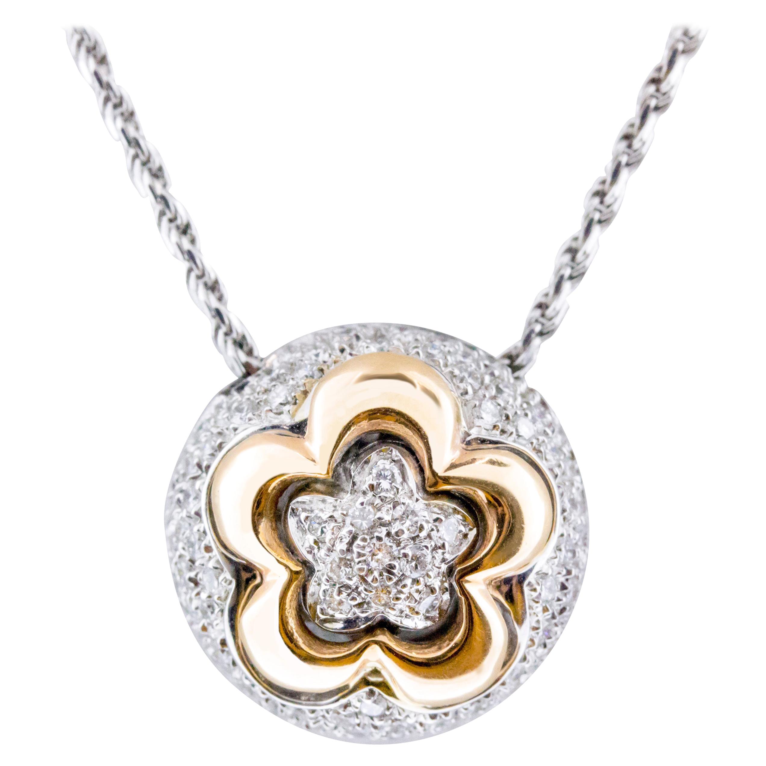 18 Karat Rose and White Gold Flower Pendant Necklace For Sale