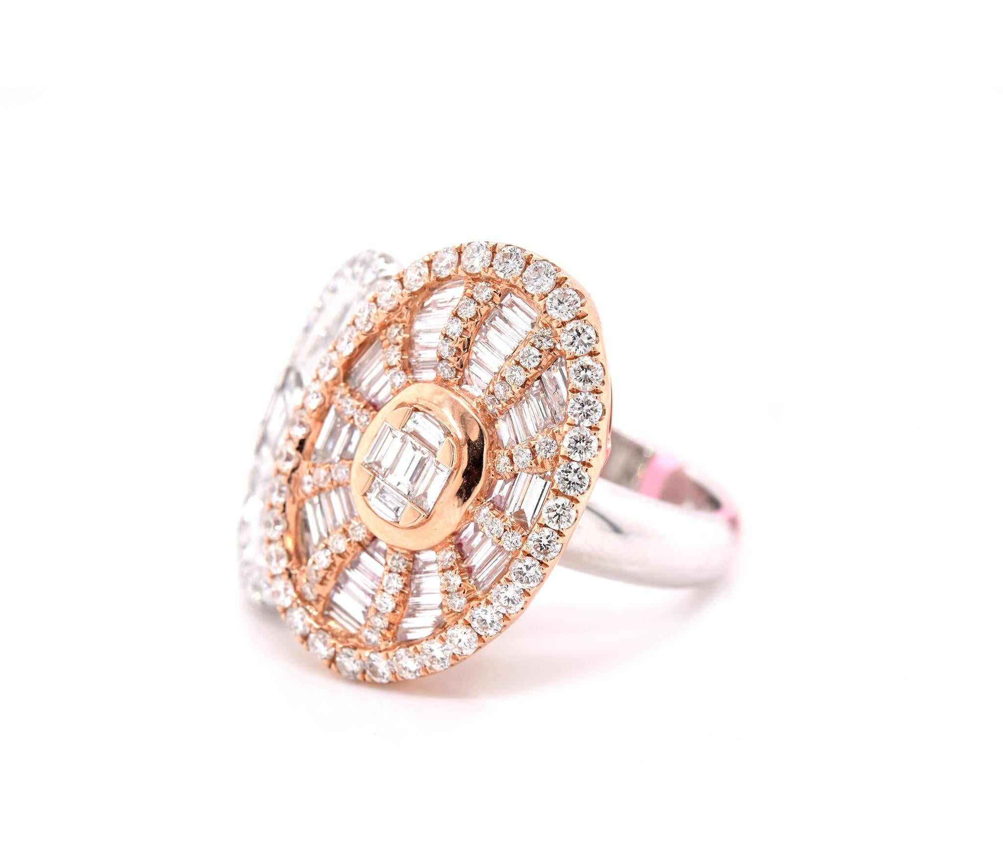 Material: 18k rose & white gold
Diamonds: 92 round brilliant cut = 1.41cttw
Color: G	
Clarity: VS
Diamonds: 66 baguette cut = 2.21cttw
Color: G
Clarity: VS
Ring size: 6.5 (please allow two additional shipping days for sizing requests) 
Dimensions: