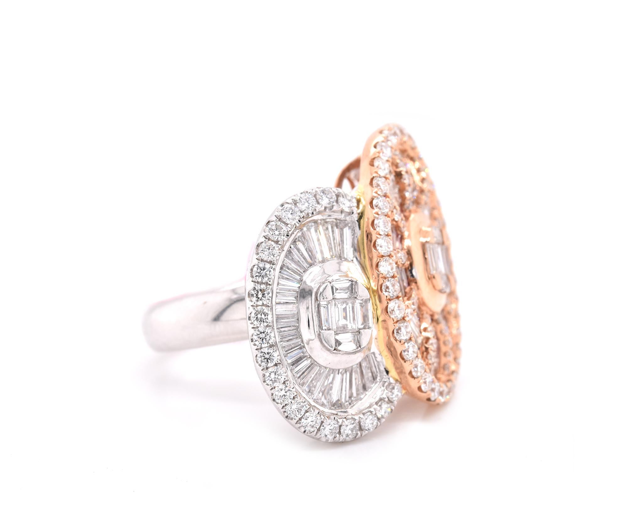 Baguette Cut 18 Karat Rose and White Gold Geometric Mosaic Diamond Fashion Ring