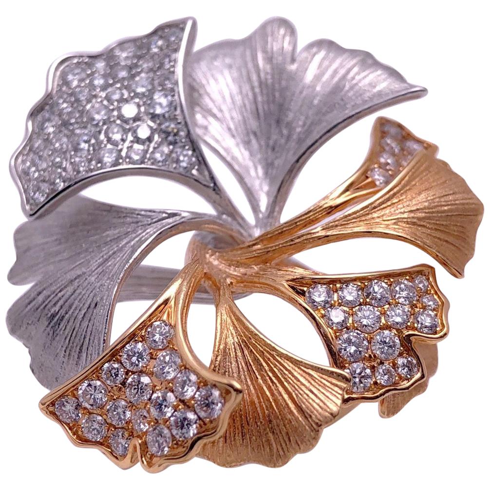 18 Karat Rose and White Gold Ginko Leaf Ring with .90 Carat Diamonds For Sale