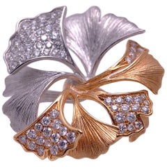 18 Karat Rose and White Gold Ginko Leaf Ring with .90 Carat Diamonds