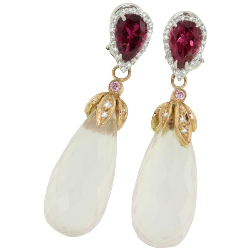 18 Karat Rose and White Gold Pink Tourmaline Pink Quartz White Diamonds Earrings