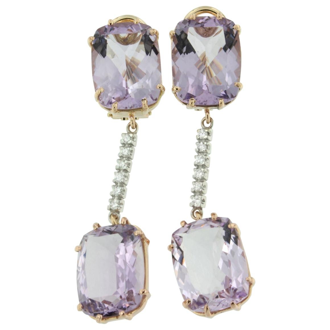18 Karat Rose and White Gold with Amethyst and White Diamond Earrings For Sale