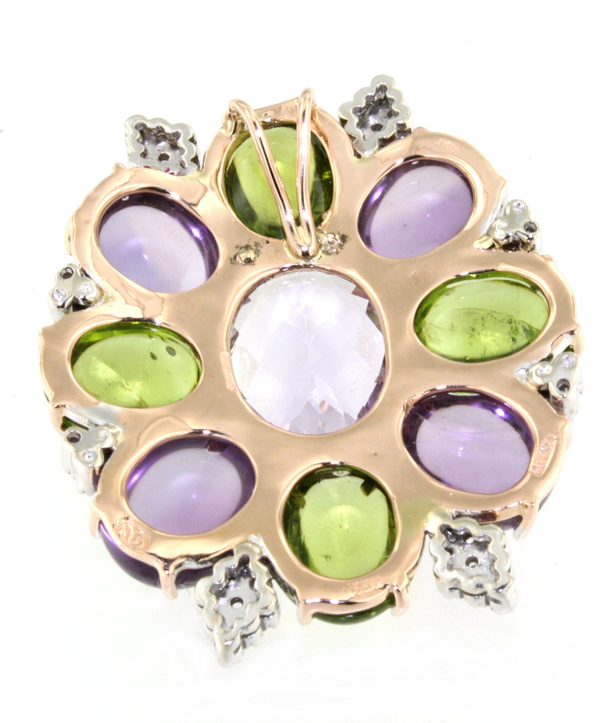 Femenino o masculino Colgante de oro rosa y blanco de 18 quilates con amatistas, peridotos y diamantes blancos en venta