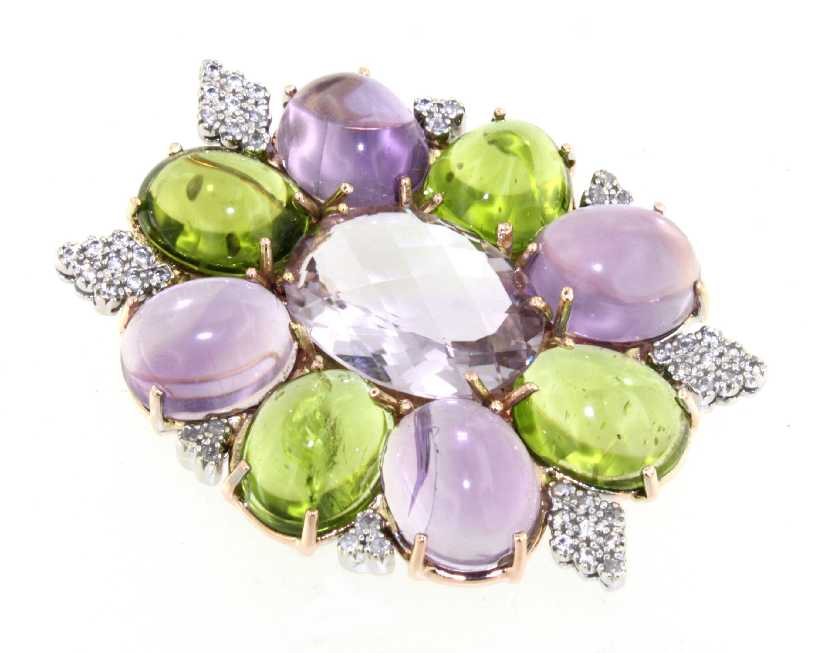Colgante de oro rosa y blanco de 18 quilates con amatistas, peridotos y diamantes blancos en venta 1