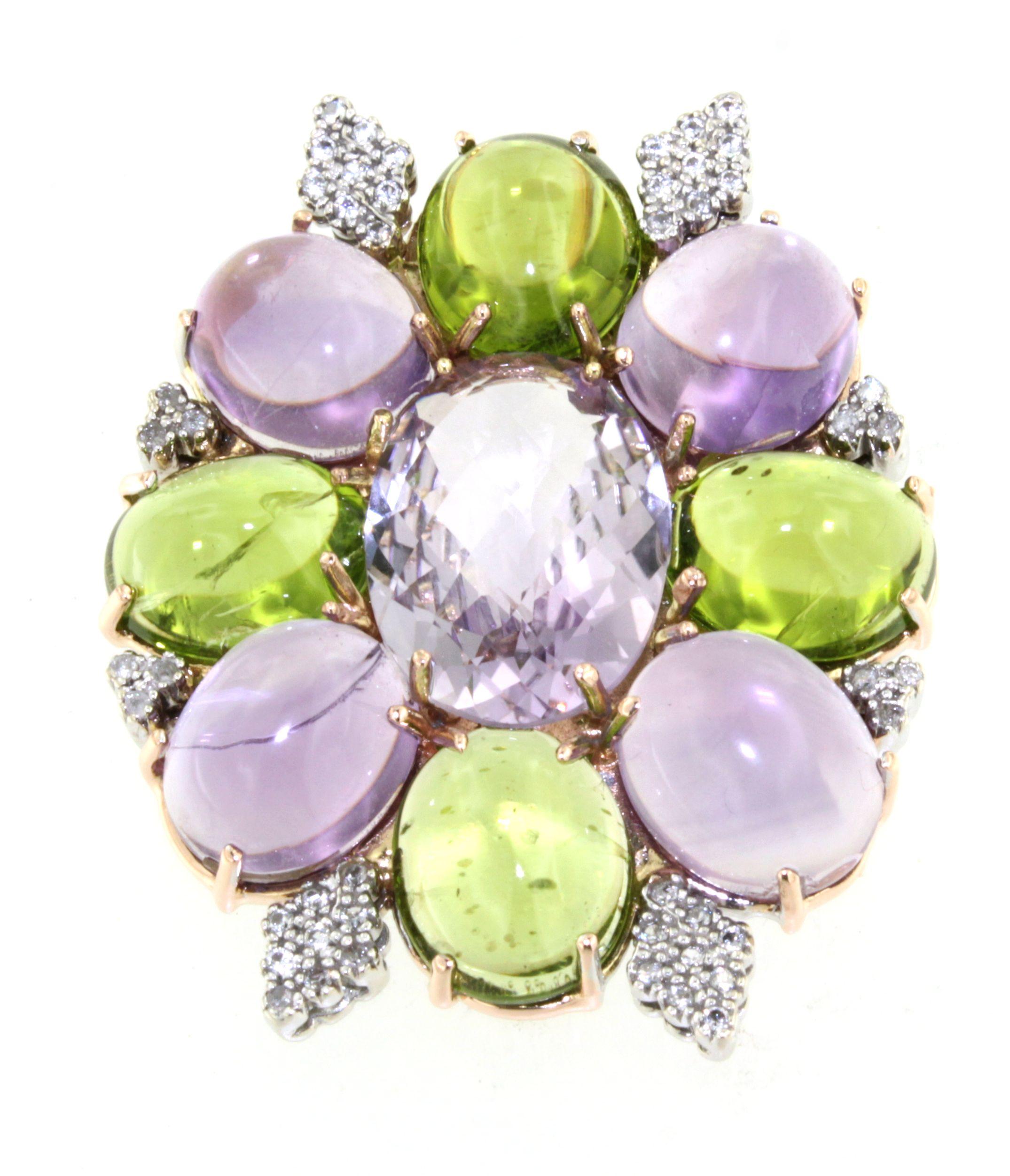 Colgante de oro rosa y blanco de 18 quilates con amatistas, peridotos y diamantes blancos en venta 2