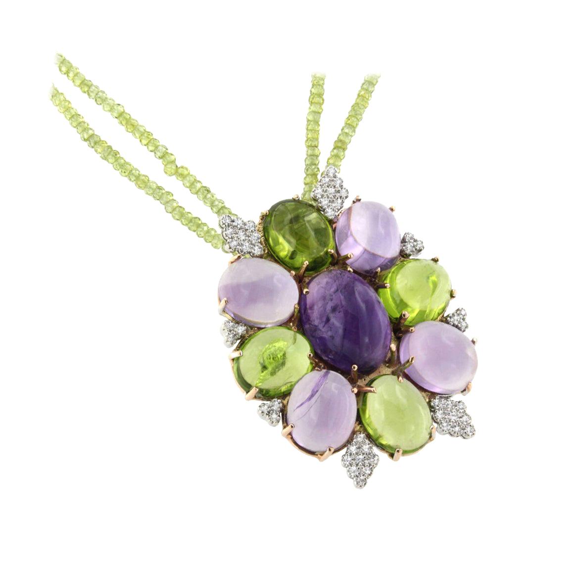 18 Karat Rose and White Gold with Amethysts Peridots and White Diamond Pendant For Sale
