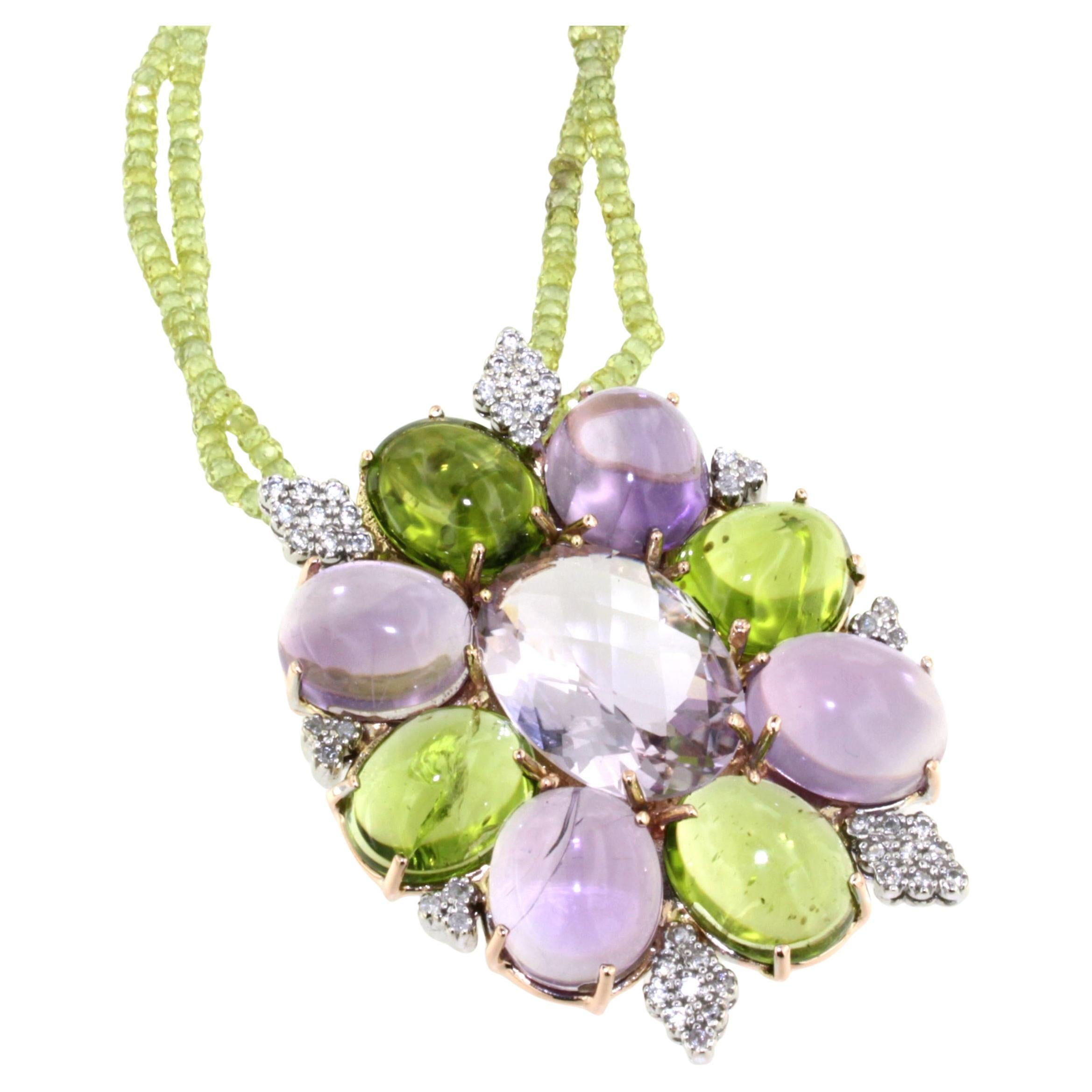 Pendentif en or rose et blanc 18 carats avec améthystes, péridots et diamants blancs