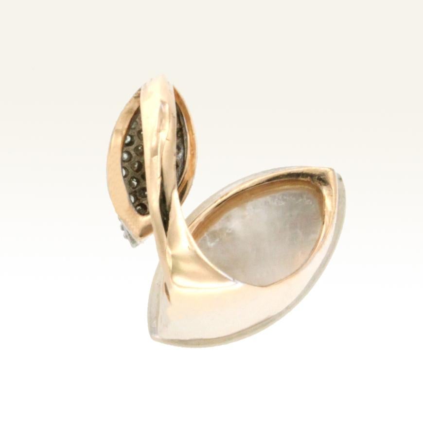Women's or Men's 18 Karat Rose and White Gold with Mother of Pearl and White Diamond Ring For Sale