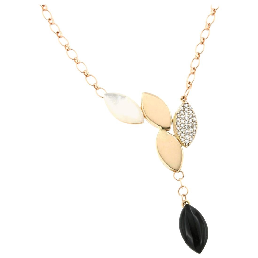 18 Karat Rose and White Gold with Mother of Pearl, Onix, White Diamond Necklace For Sale