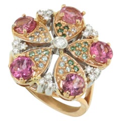 18 Karat Rose and White Gold with Pink and Green Tourmaline, White Diamond Ring
