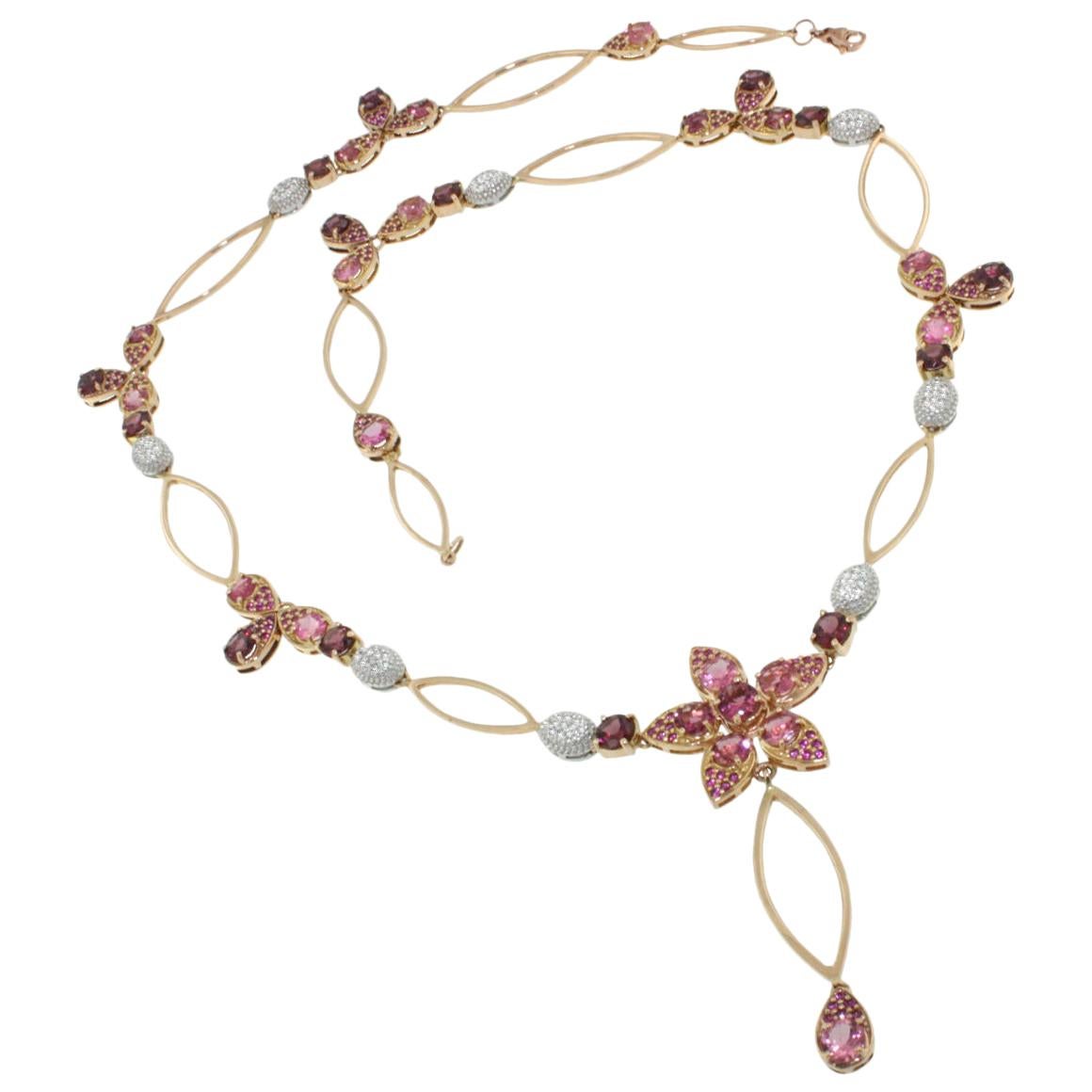 Halskette aus 18 Karat Roségold mit rosa Turmalin und weißen Diamanten