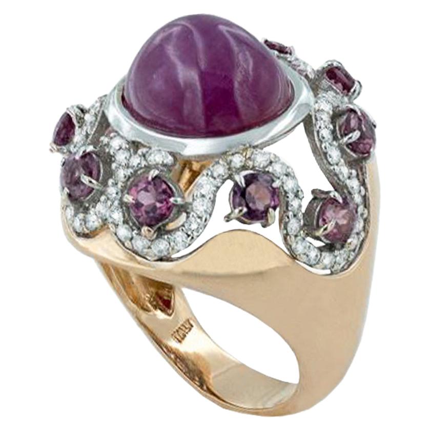 18 Karat Rose and White Gold with Pink Tourmaline and White Diamond Ring For Sale