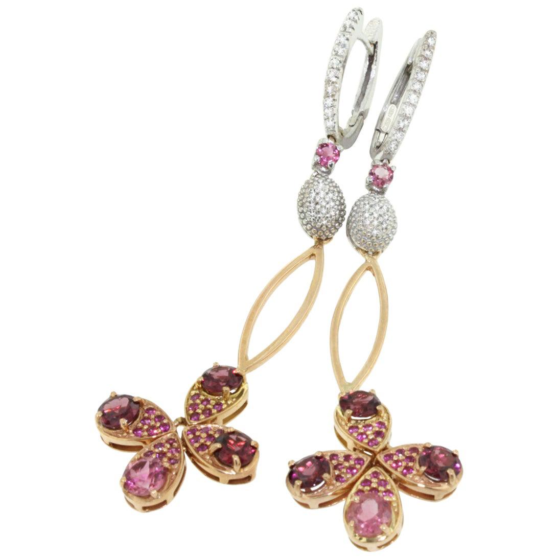 Boucles d'oreilles modernes en or rose et blanc 18 carats avec tourmaline rose et diamants blancs