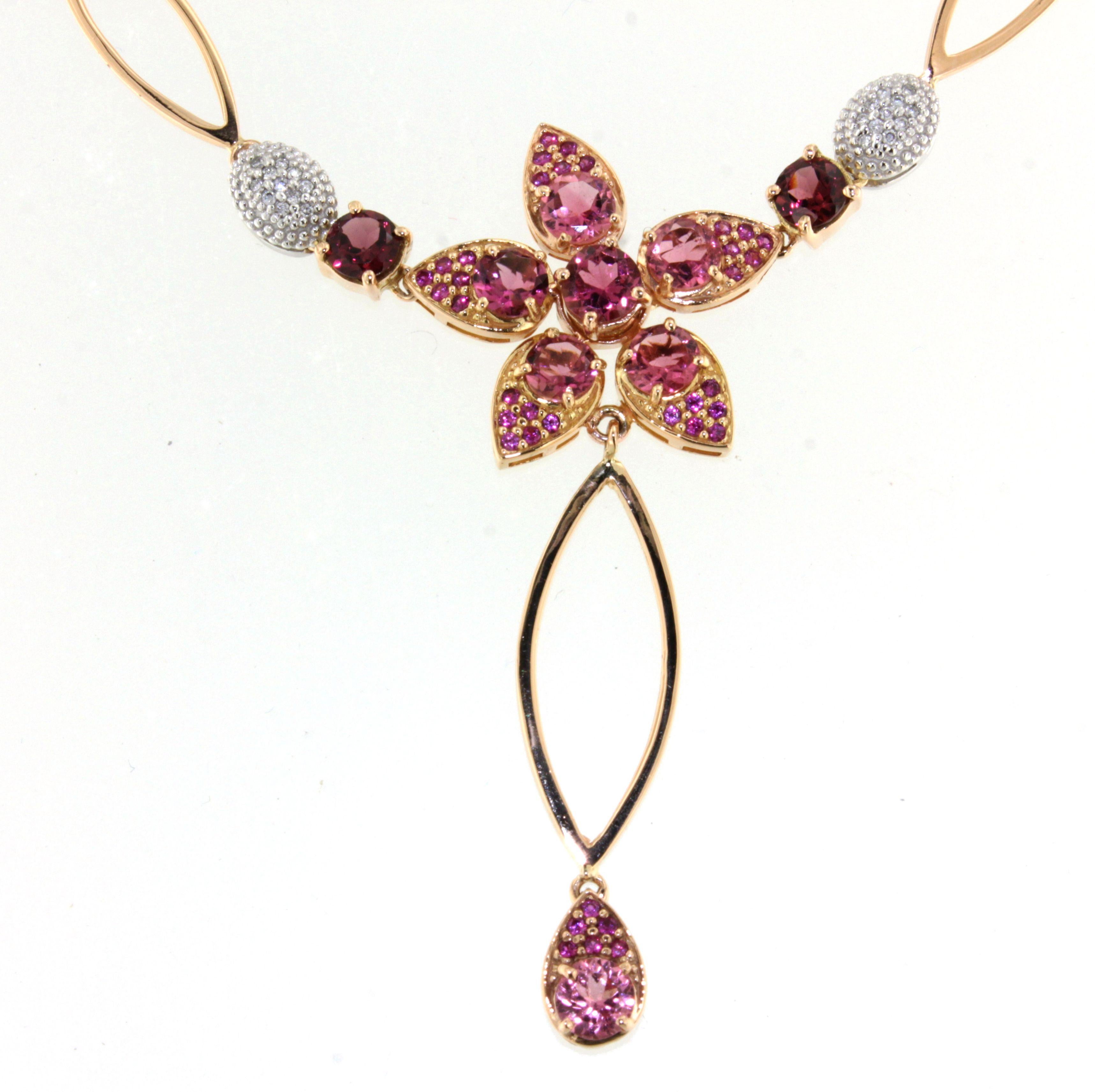 18 Karat Rose and White Gold with Pink Tourmaline and White Diamond Necklace For Sale 4